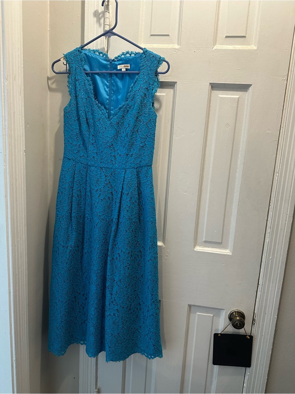 Shoshanna Teal Lace V-Neck Midi Dress